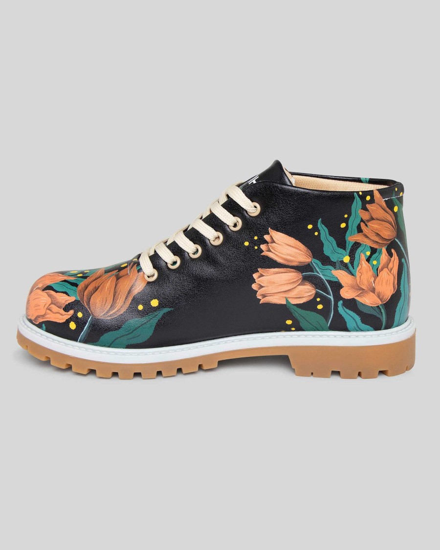 Women Mumka Shoes | Red Flowers In Black Ankle Boots