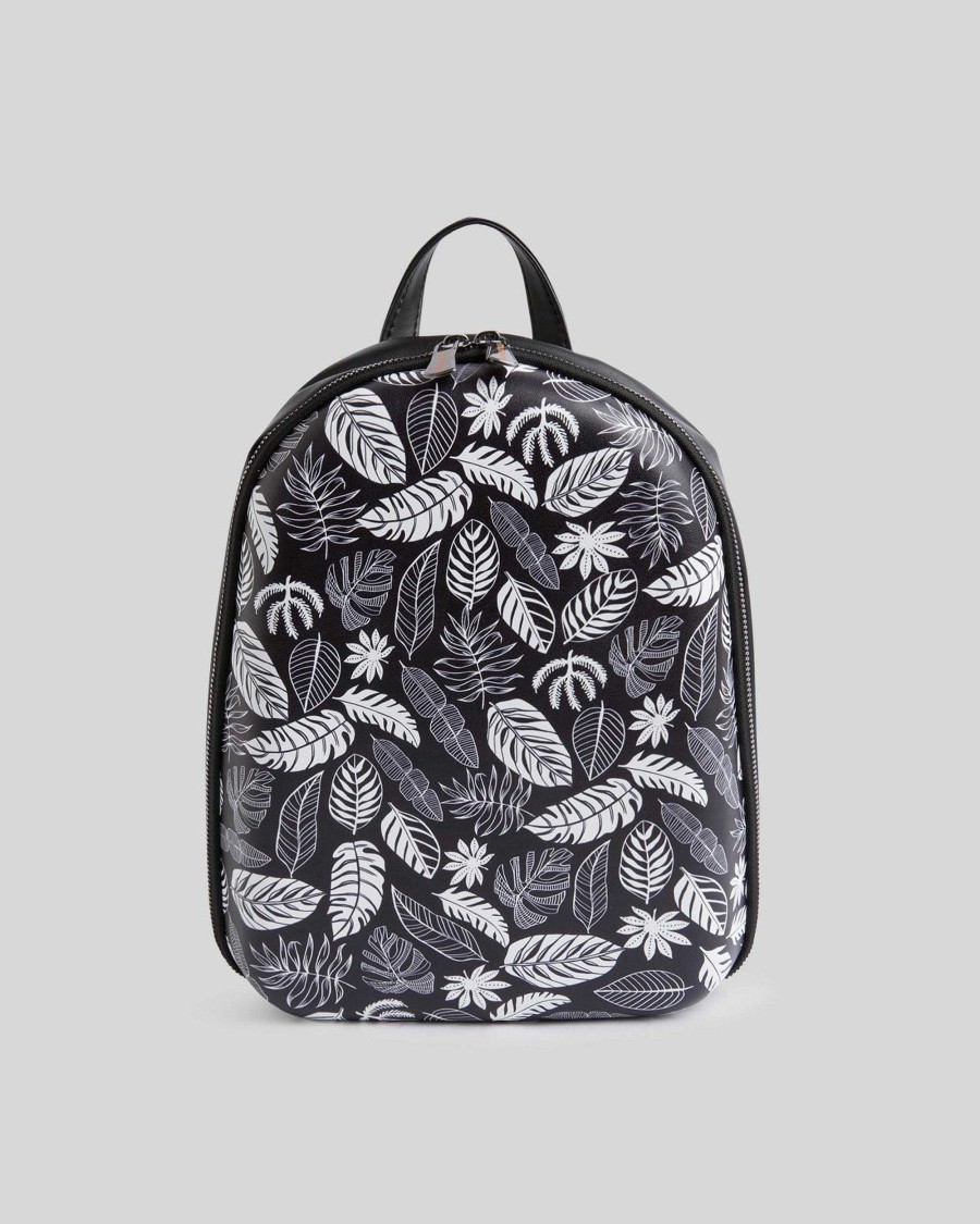 Women Mumka Shoes | Black And White Leaves Backpack