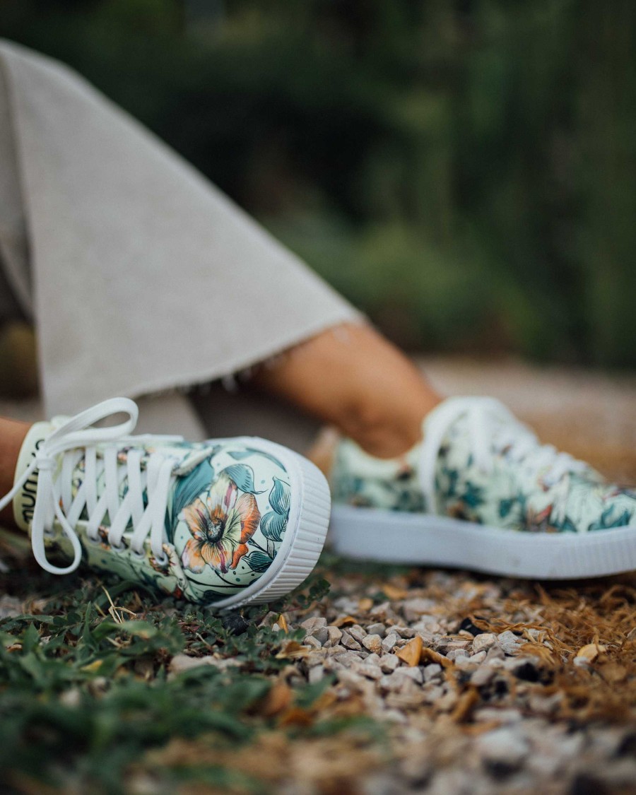 Women Mumka Shoes | Green Flowers Sneakers