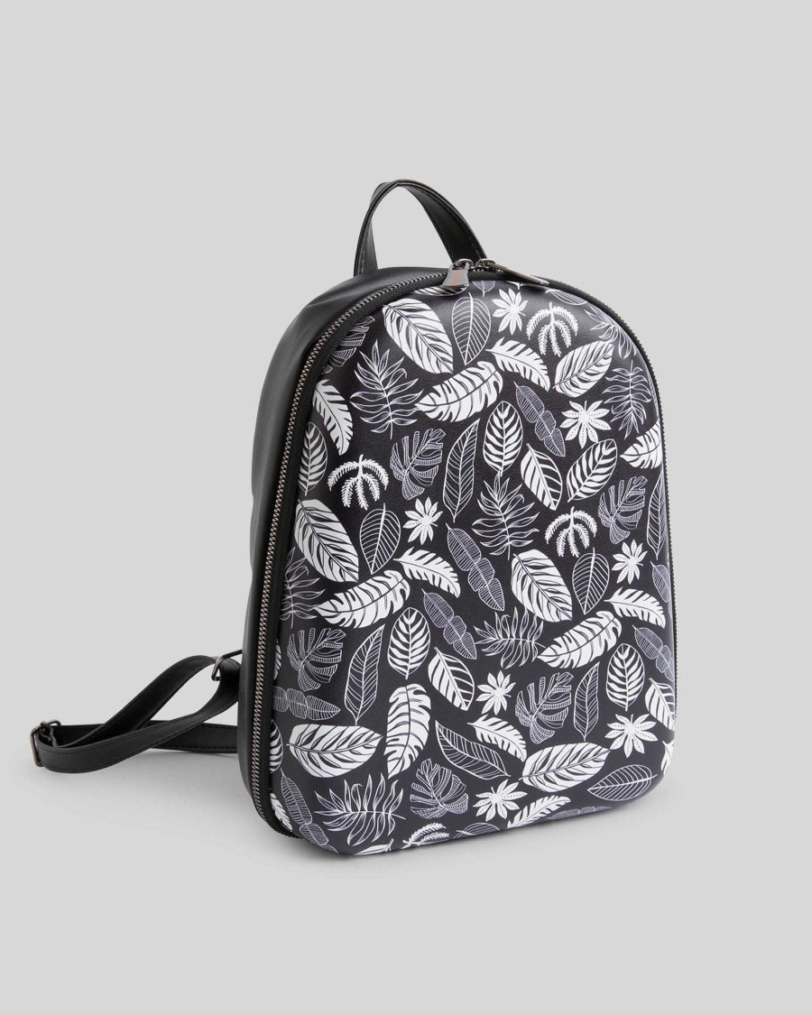 Women Mumka Shoes | Black And White Leaves Backpack