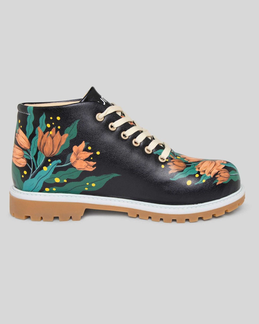 Women Mumka Shoes | Red Flowers In Black Ankle Boots